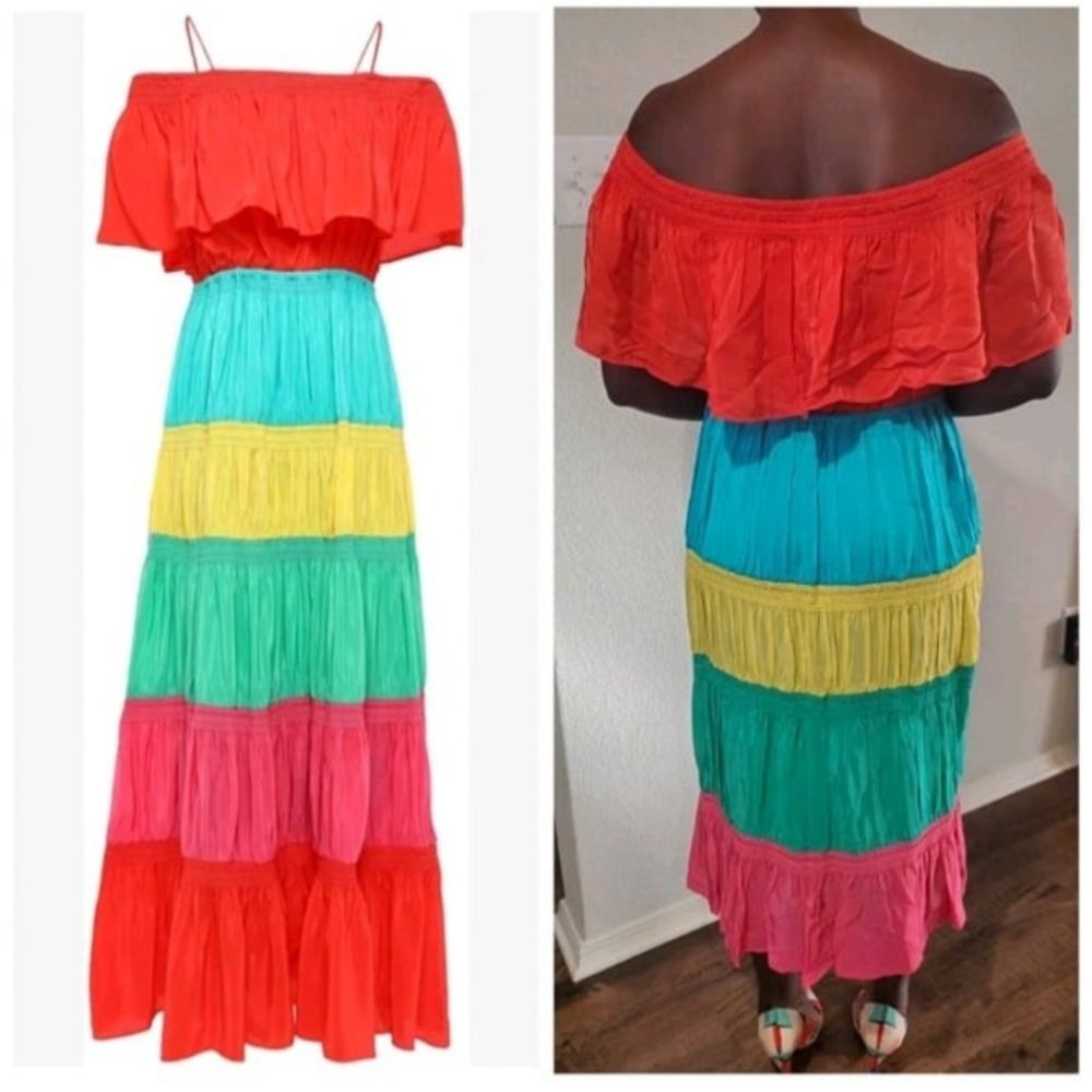 Alice + Olivia Kia Smocked Rainbow Cold-Shoulder Dress Size 10